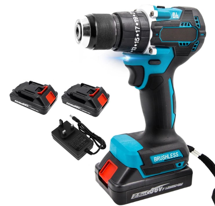 Cordless Drill Machine 10mm Hammer 21V with 2x Lithium Batteries & Charger | Compact Impact Drill Driver for Wood, Metal, Masonry | Variable Speed, Keyless Chuck, LED Light, Torque Settings - UAE Ready Stock 